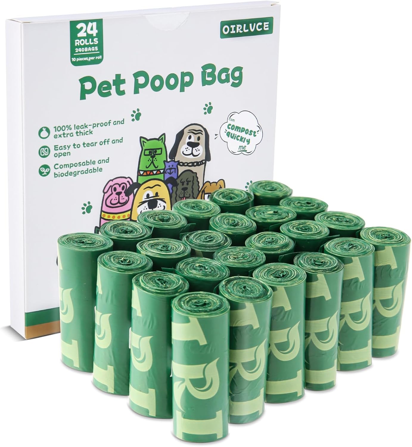 240 Biodegradable Dog Waste Bags - 24 Rolls of Extra Thick, Leak-Proof, Coreless Poop Bags in Green