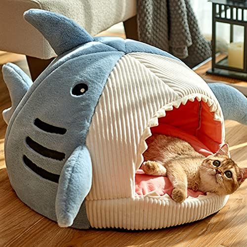 Shark-Shaped Cave Bed with Thick Cushion, Soft and Warm Indoor Shelter, Anti-Slip Base, Removable and Washable Pillow, Versatile Cat Hut and Small Dog Bed 