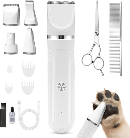 4 in 1 Dog Clippers Professional, Dogs Grooming Clippers Kit, Rechargeable Pet Paws Trimmer, with Stainless Steel Scissors Combs, Dog/Cat Shaver for Paws, Claws, Eyes, Ears, Face
