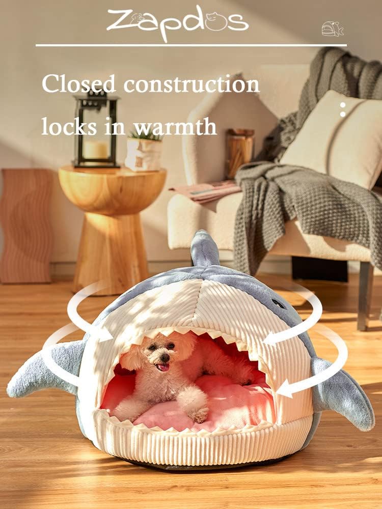 Shark-Shaped Cave Bed with Thick Cushion, Soft and Warm Indoor Shelter, Anti-Slip Base, Removable and Washable Pillow, Versatile Cat Hut and Small Dog Bed 