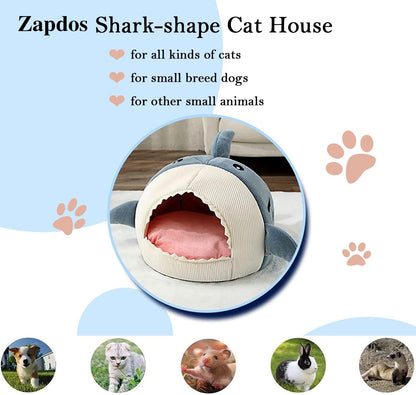 Shark-Shaped Cave Bed with Thick Cushion, Soft and Warm Indoor Shelter, Anti-Slip Base, Removable and Washable Pillow, Versatile Cat Hut and Small Dog Bed 