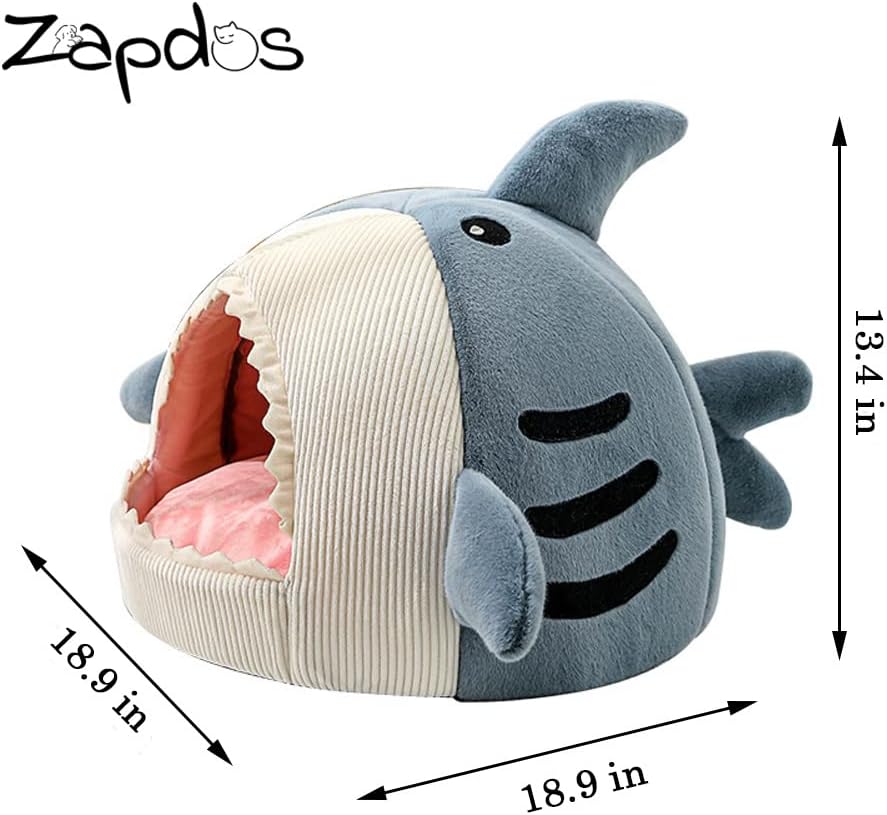 Shark-Shaped Cave Bed with Thick Cushion, Soft and Warm Indoor Shelter, Anti-Slip Base, Removable and Washable Pillow, Versatile Cat Hut and Small Dog Bed 