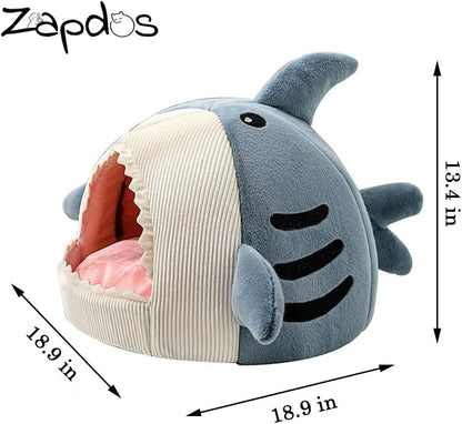 Shark-Shaped Cave Bed with Thick Cushion, Soft and Warm Indoor Shelter, Anti-Slip Base, Removable and Washable Pillow, Versatile Cat Hut and Small Dog Bed 