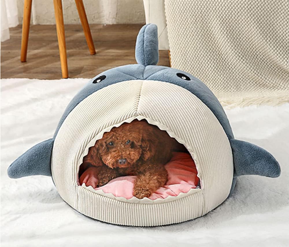 Shark-Shaped Cave Bed with Thick Cushion, Soft and Warm Indoor Shelter, Anti-Slip Base, Removable and Washable Pillow, Versatile Cat Hut and Small Dog Bed 