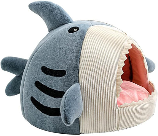 Shark-Shaped Cave Bed with Thick Cushion, Soft and Warm Indoor Shelter, Anti-Slip Base, Removable and Washable Pillow, Versatile Cat Hut and Small Dog Bed 