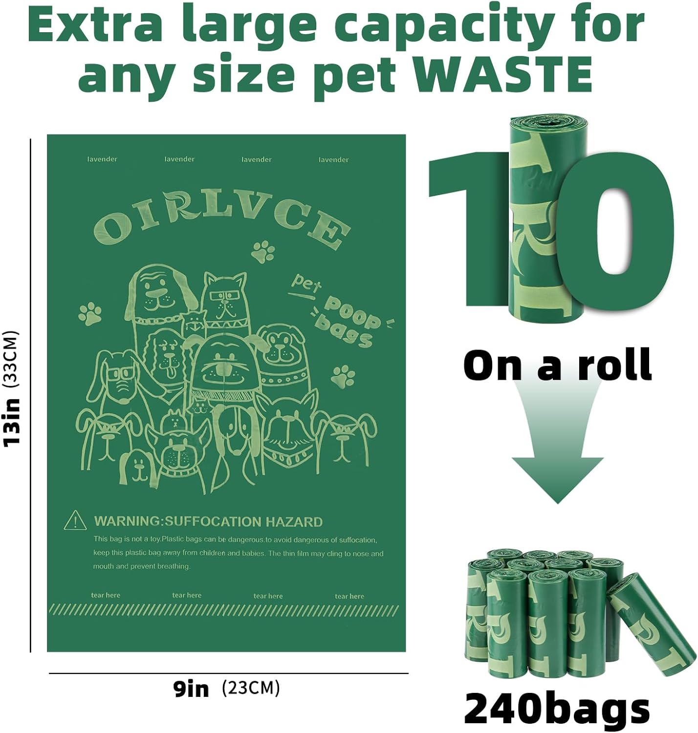 240 Biodegradable Dog Waste Bags - 24 Rolls of Extra Thick, Leak-Proof, Coreless Poop Bags in Green