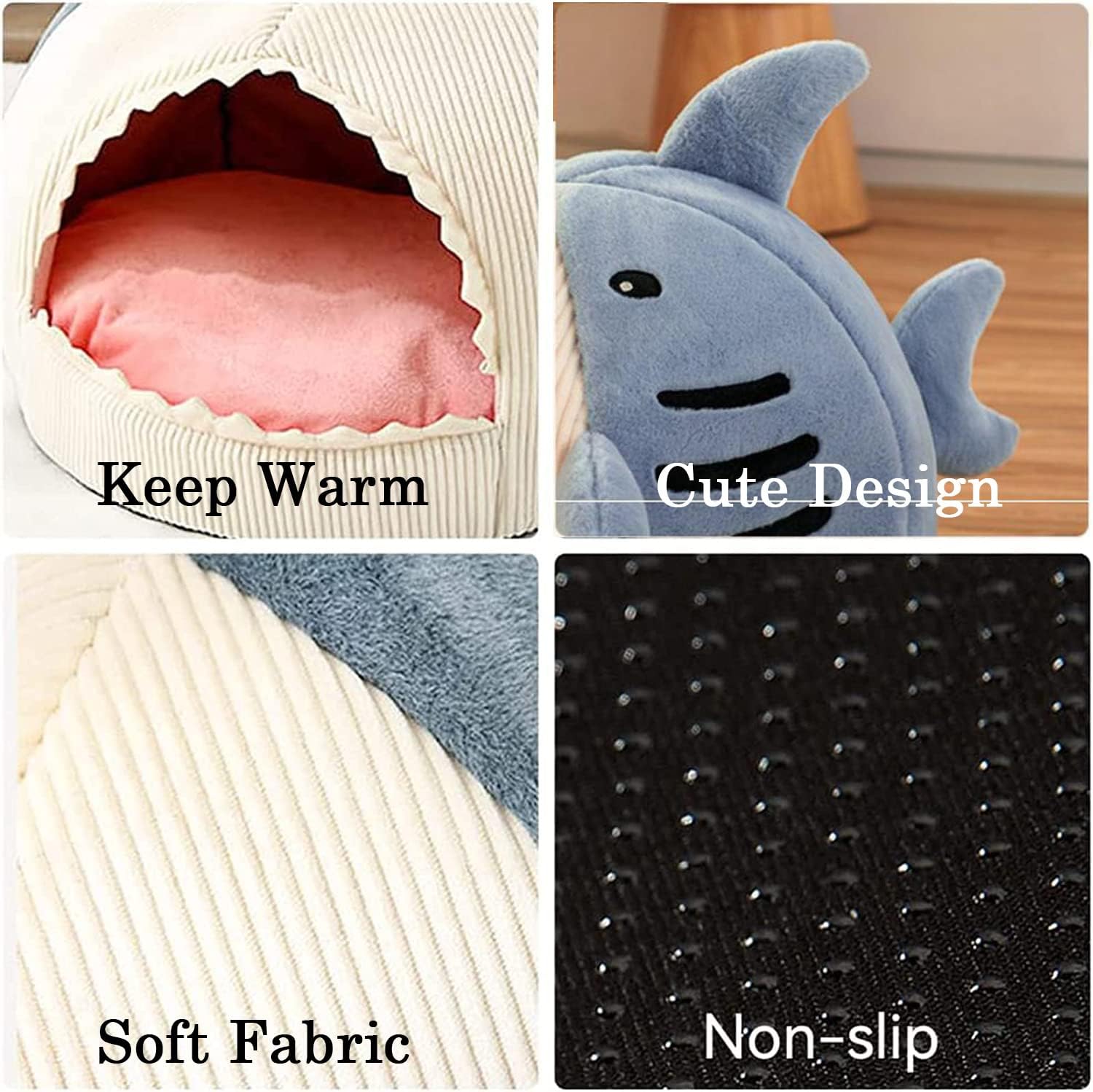 Shark-Shaped Cave Bed with Thick Cushion, Soft and Warm Indoor Shelter, Anti-Slip Base, Removable and Washable Pillow, Versatile Cat Hut and Small Dog Bed 