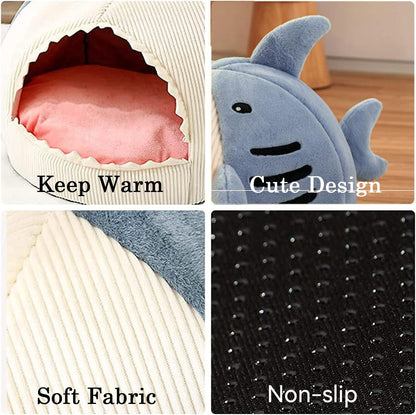 Shark-Shaped Cave Bed with Thick Cushion, Soft and Warm Indoor Shelter, Anti-Slip Base, Removable and Washable Pillow, Versatile Cat Hut and Small Dog Bed 