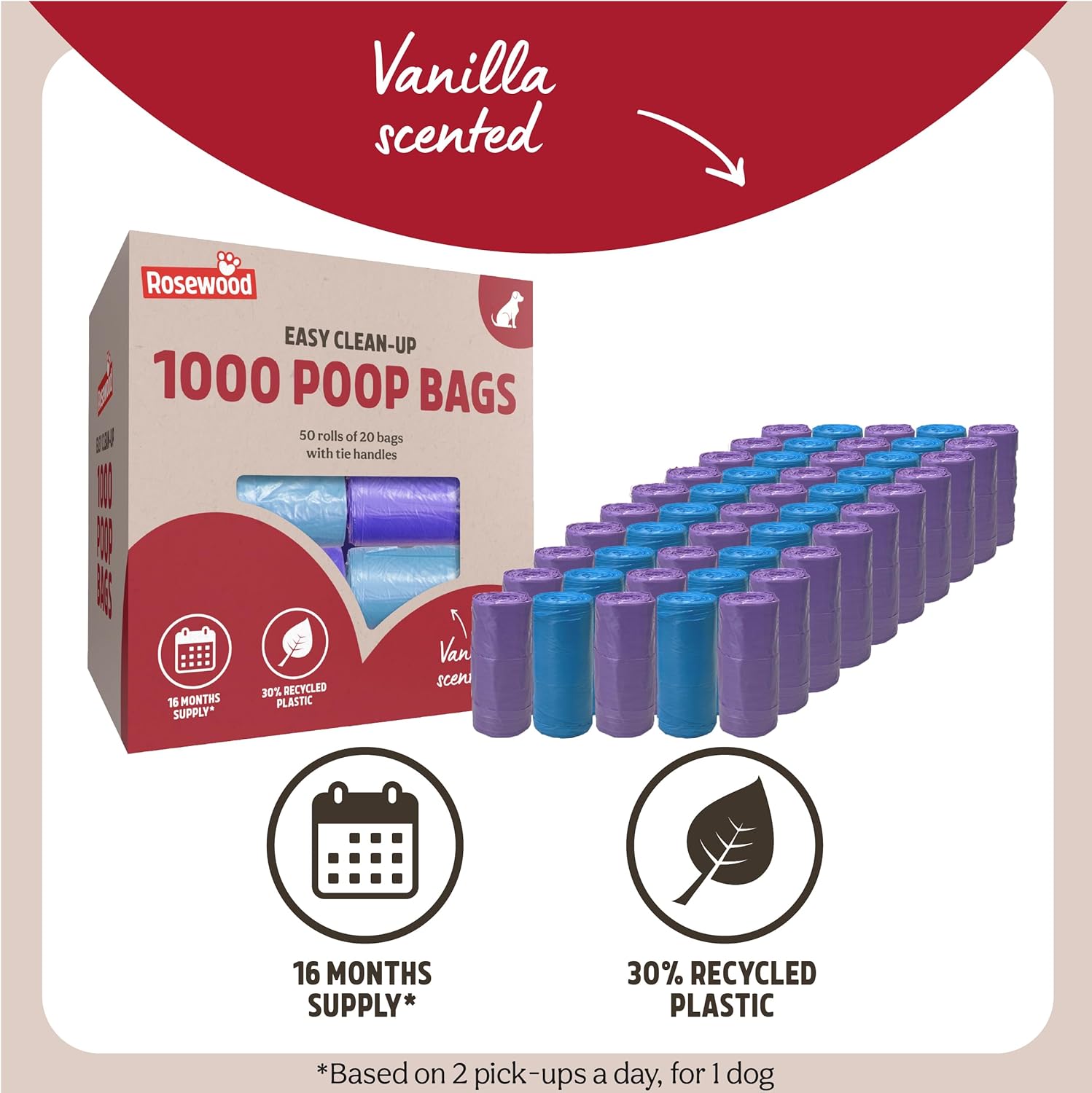 Eco-Friendly Dog Waste Bags 1000, 50 Refill Rolls, Vanilla Scented, Made from Recycled Materials