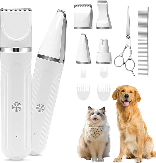 4 in 1 Dog Clippers Professional, Dogs Grooming Clippers Kit, Rechargeable Pet Paws Trimmer, with Stainless Steel Scissors Combs, Dog/Cat Shaver for Paws, Claws, Eyes, Ears, Face